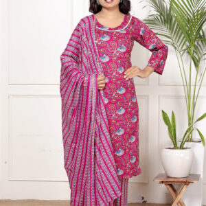 cotton kurta set women pink floral printed ethnic wear with dupatta