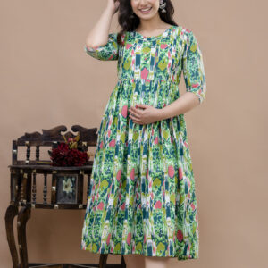 women green printed maternity & feeding knee length dress with hidden zip