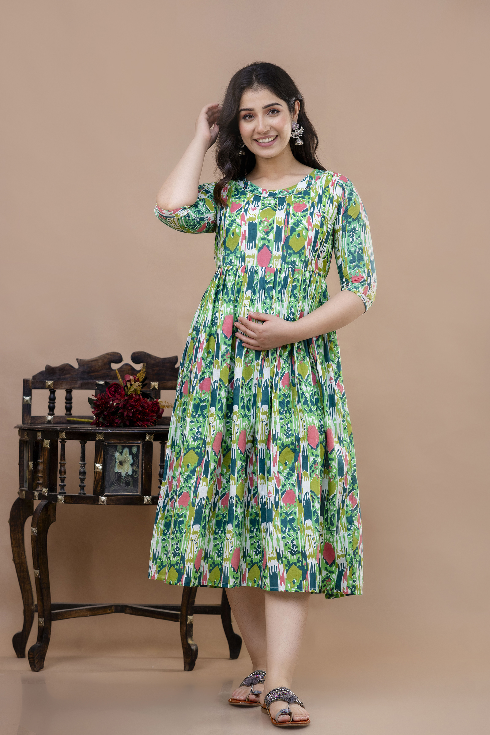 women green printed maternity & feeding knee length dress with hidden zip women green printed maternity & feeding knee length dress with hidden zip