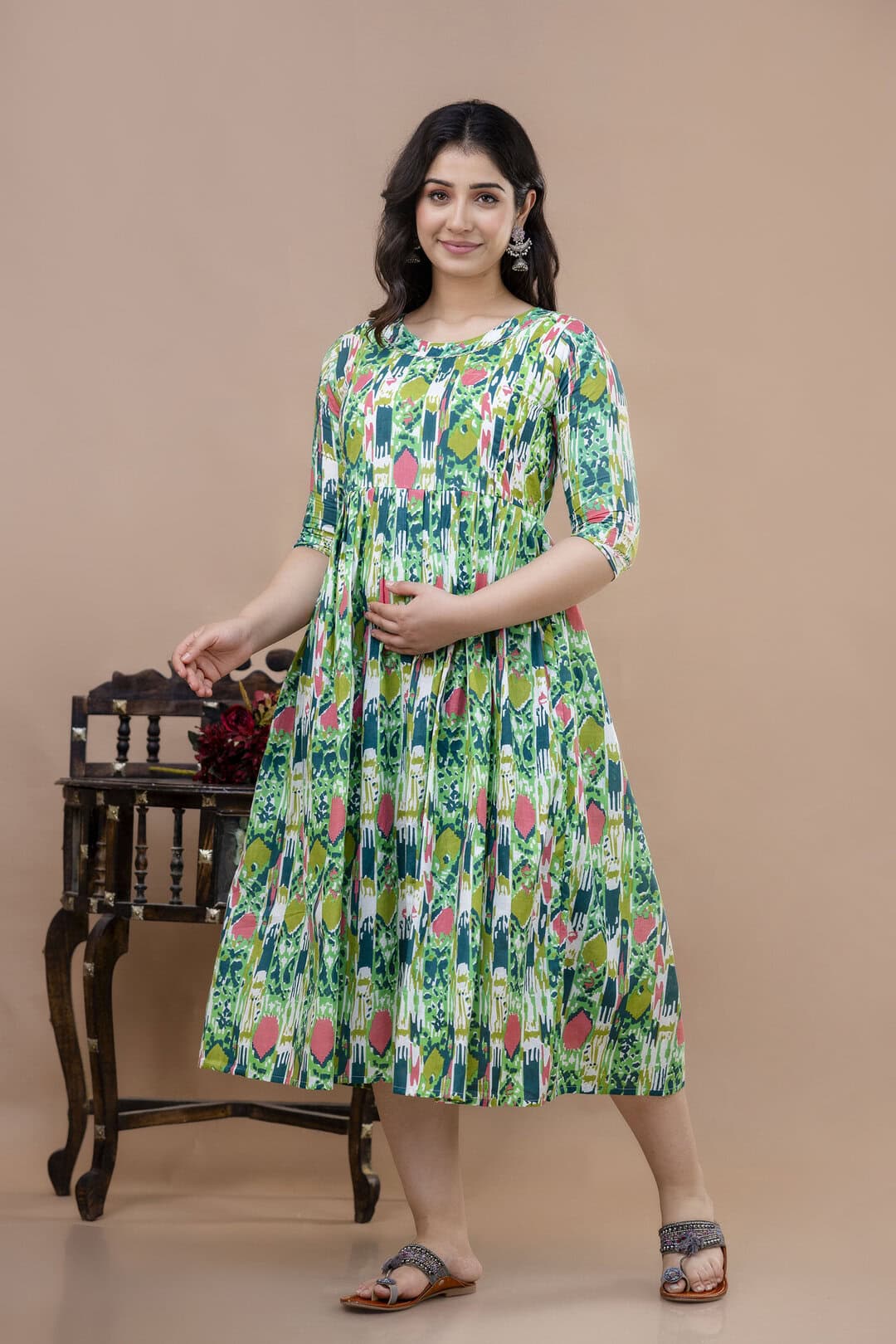 women green printed maternity & feeding knee length dress with hidden zip women green printed maternity & feeding knee length dress with hidden zip