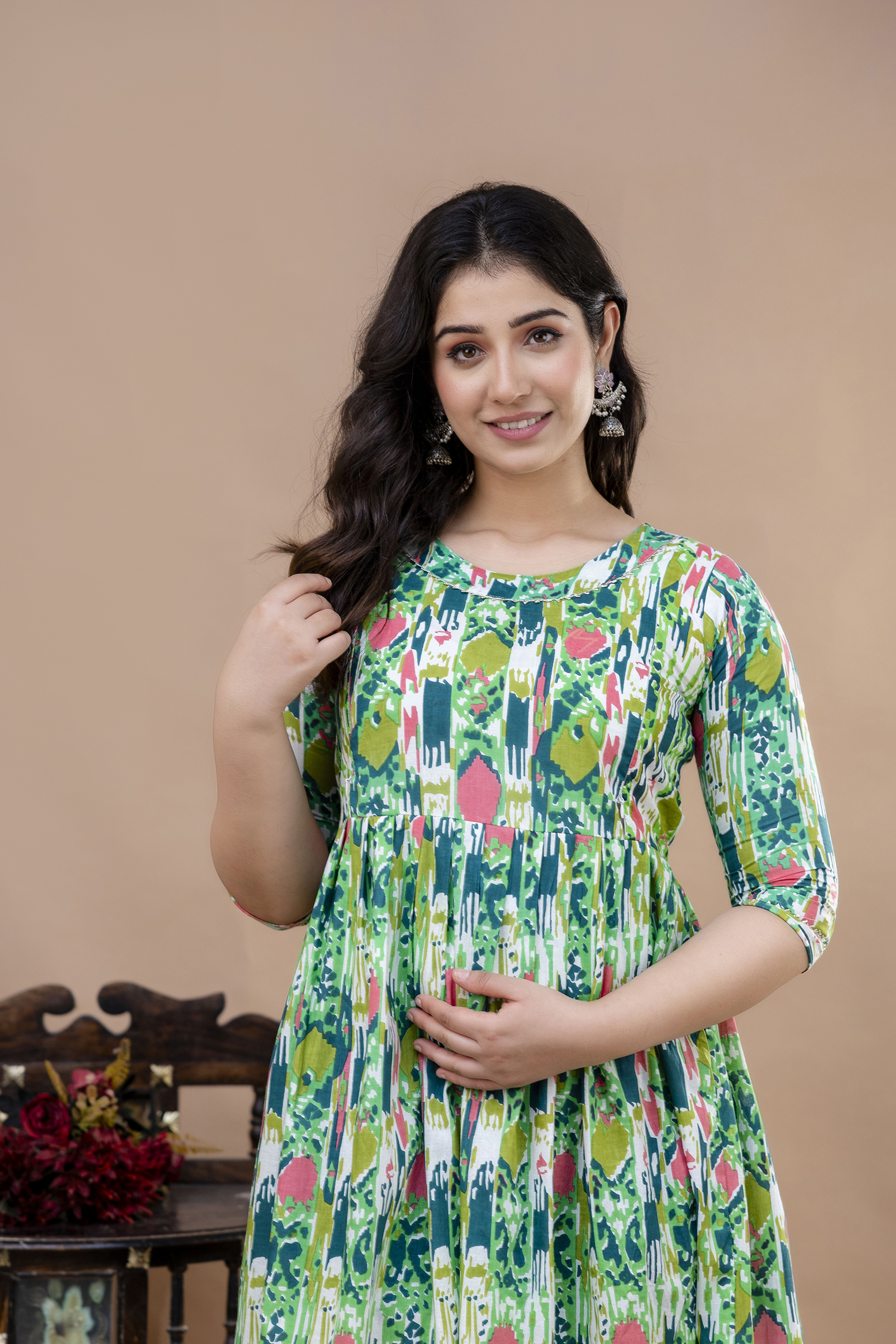 women green printed maternity & feeding knee length dress with hidden zip women green printed maternity & feeding knee length dress with hidden zip