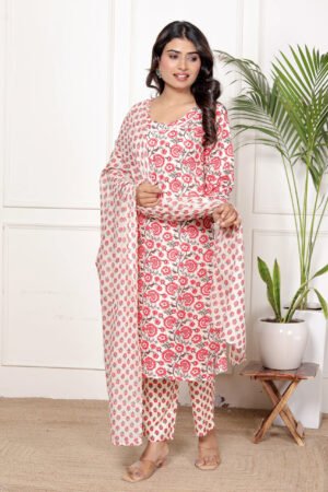 women cream & red floral printed kurta set