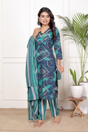 New Arrivals women teal blue printed kurta set with dupatta