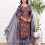 women navy blue printed kurta set with dupatta