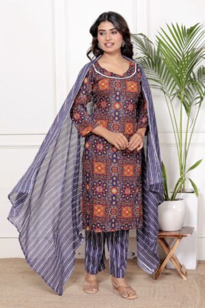 women navy blue printed kurta set with dupatta
