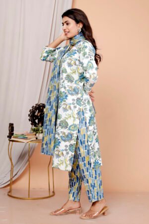 New Arrivals women white blue floral printed kurta set with dupatta