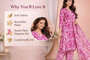 women pink printed kurta set with dupatta