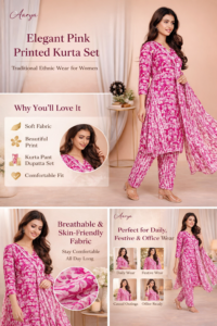women pink printed kurta set with dupatta