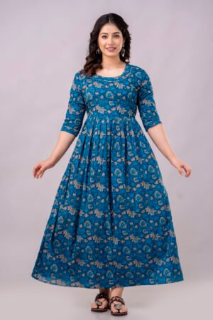 women blue floral cotton a line kurti dress