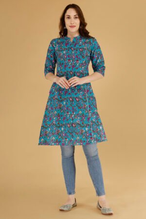 Women Printed Cotton Kurti Blue Floral Design