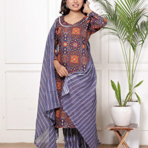 cotton kurta set women navy blue printed ethnic wear