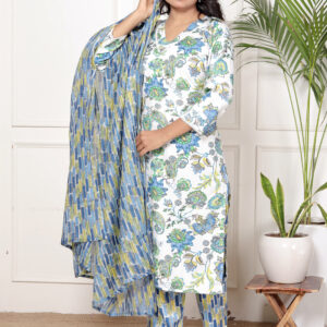 women blue floral printed cotton kurta pant dupatta set