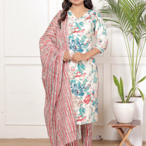 women floral printed cotton kurta pant dupatta set – peach & green ethnic wear