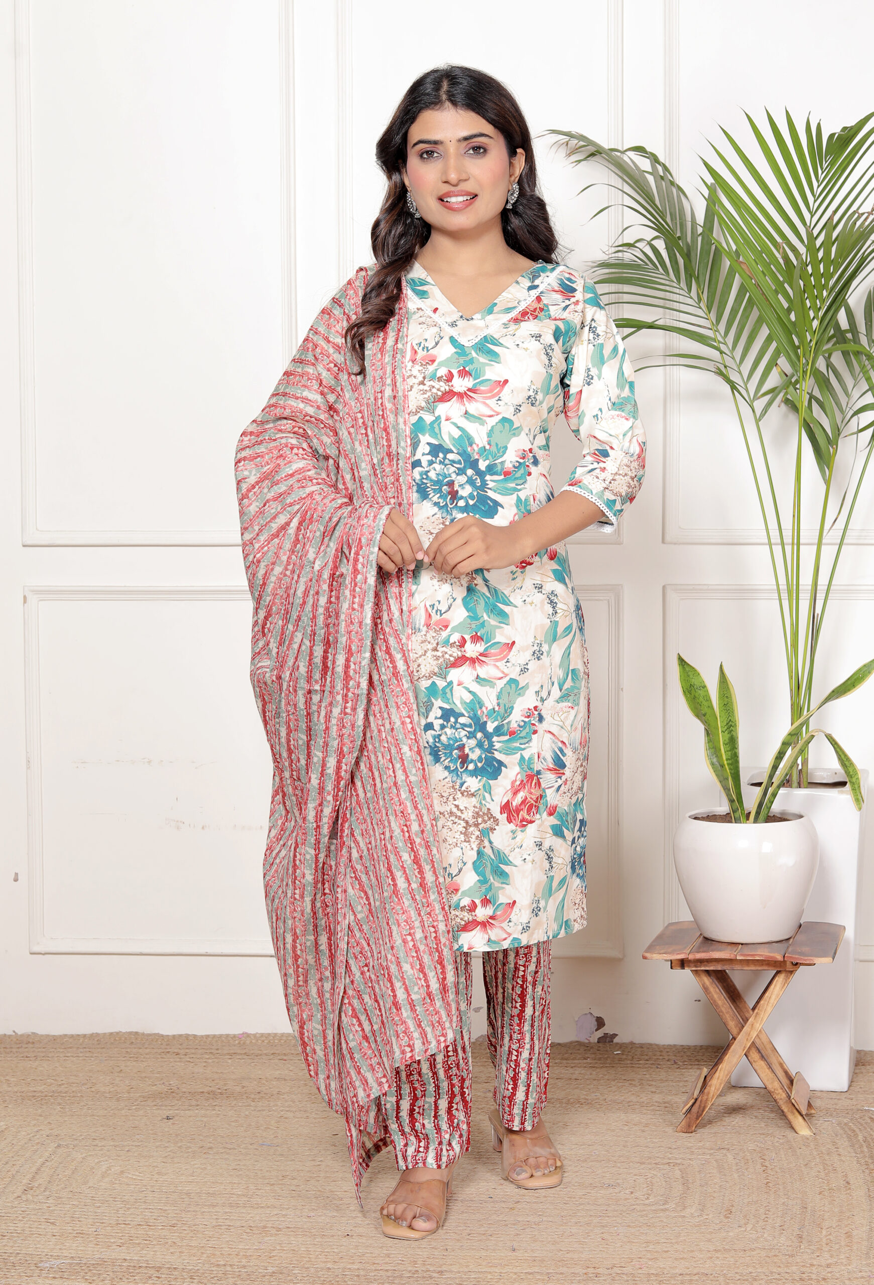 women floral printed cotton kurta pant dupatta set – peach & green ethnic wear women floral printed cotton kurta pant dupatta set – peach & green ethnic wear